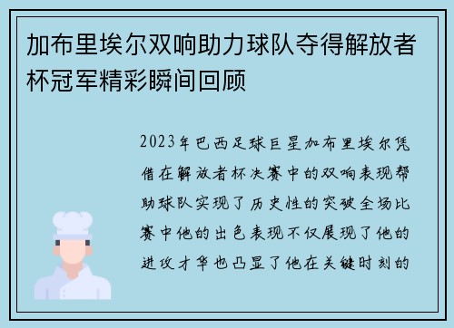 加布里埃尔双响助力球队夺得解放者杯冠军精彩瞬间回顾